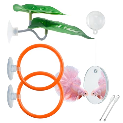 Betta Fish Toy Set: Betta Training Floating Mirror, Training/Feeding Ring, Spoon, and Resting Leaf. Promotes Exercise. Betta Toys, Resting & Feeding Kit, Orange - color: Orange