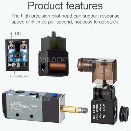 Pneumatic Solenoid Valve, 5 Way 2 Position 1/4”NPT Single Coil Pilot-Operated Electric Air Control Valve 4V210-08 (DC12V Junction Box) - style: DC12V Junction Box