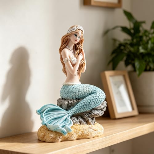 Rayberro 5.71" Mermaid Figurine Resin Mermaid Sculpture Mediterranean Princess Statue Home Office Desktop Ornaments Bookshelf Decor Mermaid Collectible Crafts Fish Tank Aquarium Decoration - color: Blue Sitting1