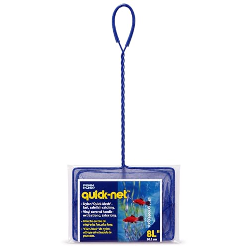 Penn-Plax Quick-Net Aquarium Fish Net - Fine Mesh, Vinyl-Covered Braided Handle - Small Aquarium Cleaning Tool for Gentle Fish Handling - Use in Freshwater & Saltwater Tanks - color: Blue, size: 8" Net - 16" Handle