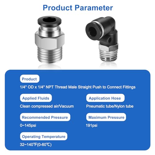 12 Pcs Push to Connect Fittings 1/4 Inch Tube OD x 1/4 Inch NPT Thread Pneumatic Male Straight and Elbow Quick Connect Air line fittings - size: 1/4"OD x 1/4"NPT