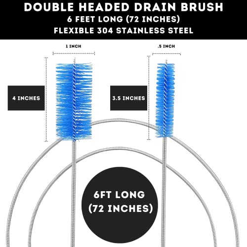 72" Drain Auger Clog Remover Tool & Pipe Brush, Black | Flexible plumbing snake & double ended nylon cleaning brush. Perfect for bathroom sink, shower, bathtub, and kitchen drains.