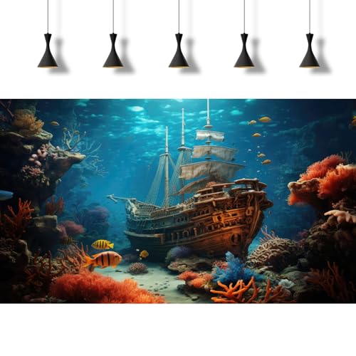 Sunken Pirate Ship Aquarium Background Under The Sea Pirate Shipwreck Fish Tank Background Underwater Ocean Seabed Coral Reef Terrarium Backgrounds Tropical Sea Aquarium Tank Backgrounds 24x12in - color: Purple_Blue, size: 24(W)x12(H)inches/ 60(W)*30cm(H)
