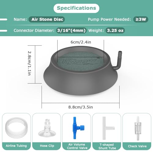 hygger Aquarium Air Stone, Fish Tank Bubbler Aerator with Stainless Steel Base, Oxygen Diffuser for Nano Air Pumps Hydroponics Small Ponds and Fish Tanks - size: 2.4 inch