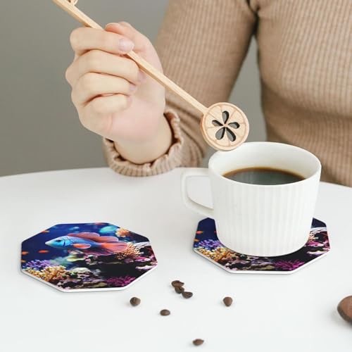 Drink Coasters Set of 4 Leather Coasters for Drinks Coral Reef Fish Aquarium Round Cup Mat Pad Easy Clean Bar Coasters Heat Resistant Funny Cup Coasters for Tabletop Protection,4 Inches - color: Octagon