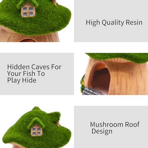 AnRui Green Moss Mushroom Aquarium Decor Cute Fish Tank Decorationss Resin Aquarium Decor Hideout Cave Ornament for Small Fish, Shrimp, Hermit Crab, Goldfish and Reptiles - size: Large