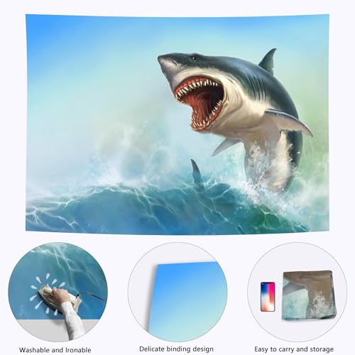 15x8ft Fabric Shark Theme Backdrop Blue Ocean Emerging White Shark Animal Photography Background Aquarium Kids Party Decorations Photo Banner Photo Shoot Props - size: 15x8 FT