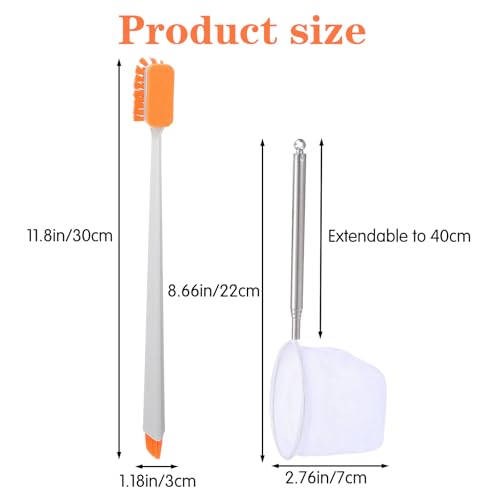 2 Pcs Small Fish Tank Cleaner Brush with Fishing Net Algae Scraper Fish Tank Brush Scrubber Sponge Tool Long Handle for Cleaning Glass Acrylic Aquariums Home Kitchen