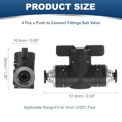 PATIKIL 4mm (3/20") Push to Connect Fittings Ball Valve, 4 Pcs 0-60 Degree BUC Air Flow Control Valve Quick Straight Connectors Air Hose Fitting for Pneumatic System Pipeline, Black - size: 4mm (3/20")