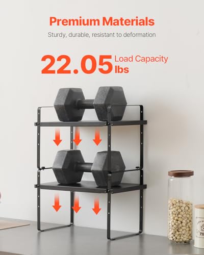 VEVOR Adjustable Kitchen Cabinet Shelf Organizer, Expandable 2 Tier Cabinet Shelf, Stackable Countertop Organizers and Storage Risers, Pantry for Kitchen Bathroom Office, Black - color: Black