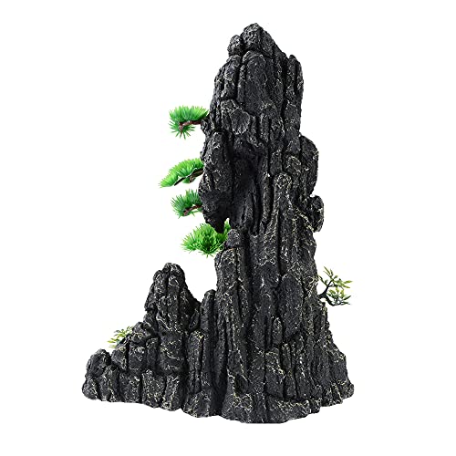 Large and Tall Fish Tank Decorations Aquarium L9.84x W6.14x H12.99inch, Resin Mountain View Aquarium Decor, Rock Thematic Ornaments with Tree & House for Betta Cichlid Goldfish Shrimp Playing Hiding - color: 4#