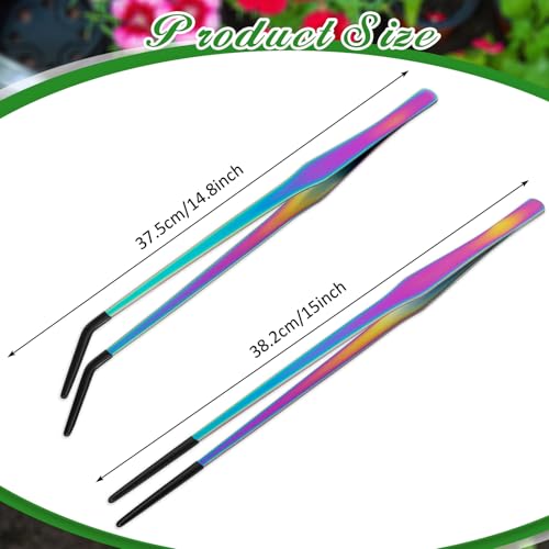 Lasnten 2 Pcs Extra Long Stainless Steel Reptile Feeding Tongs with Rubber Tip 15 Inch Bearded Dragon Aquarium Straight and Curved Long Tweezer Terrarium Feeder Tool for Tank (Colorful) - color: Colorful, size: 15 Inch