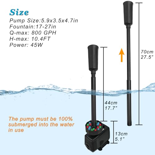 45W 792 GPH LED Pond Pump with Fountain Kit (3000L/H), Submersible Garden Water Fountain Pump, for Waterfall, Hydroponics, Aquariums, Fish Tanks, Indoor Outdoor (AC Powered)