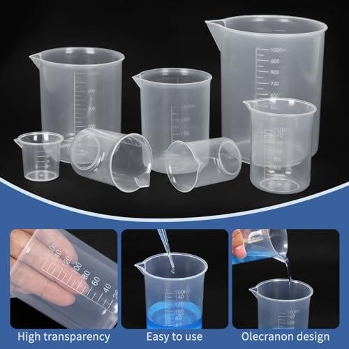 Twdrer 7 Sizes Plastic Beaker Set,Clear Measuring Graduated Liquid Container Beakers in 30ml/50ml/100ml/150ml/250ml/500ml/1000ml for Laboratory Measuring with 20 PCS Plastic Droppers in 3 ml