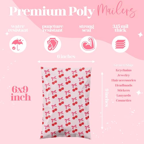 Pretty Package Store 6x9 Designer Poly Mailer 100 Pack Heavy Duty Waterproof Self Seal Shipping Bags for Small Business Large Mailing Envelopes Bulk Tear Resistant Packaging Pink Stripe Cherry Fruit - color: Cherry, size: 6x9