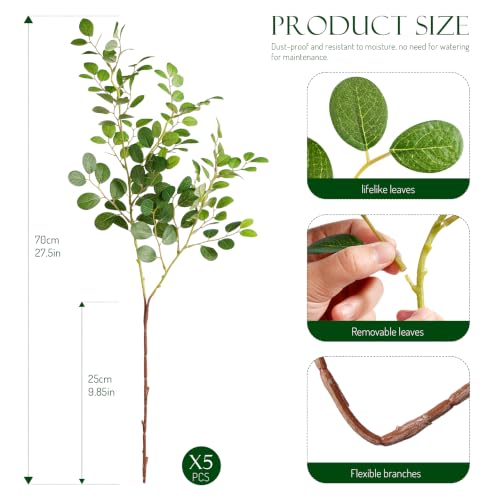 5Pcs Artificial Eucalyptus Stems Eucalyptus Leaves 27.5"（Green） | Greenery Stems Fake Leaves Fake Plants Artificial Plants Indoor Silk Greenery Applicable to Indoor Home Decor Farmhouse Decor - color: Green-yjl5