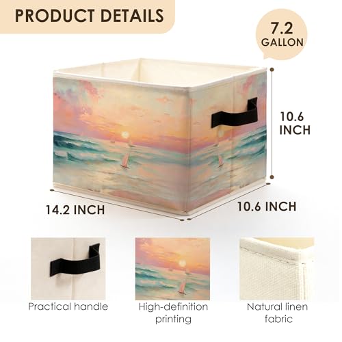 Pink Coastal Beach Sunset Sailboat Storage Bins Box with Handles, Pastel Nautical Ocean Seascape Foldable Basket Toybox for Girls Bedroom Bathroom Home Clothes Toys Books - color: color-2