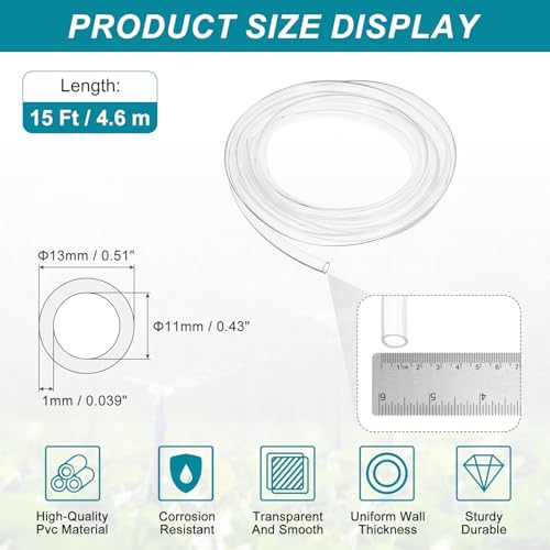 uxcell Clear PVC Tubing, 11mm ID x 13mm OD - 15ft PVC Tube Lightweight Vinyl Hose, Transparent Flexible Plastic Water Tubing for Air Oil Water Transfer Aquarium Irrigation - size: 11mm ID x 13mm OD