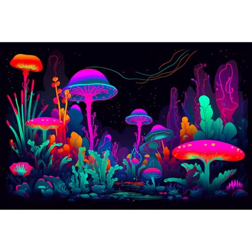 Mushrooms Aquarium Background Mushrooms in Dark Forest with Bright Colors Terrarium Background Tranquil Lake Cartoon Style Aquatic Plants Fish Tank Backdrop Poster Decorations Wallpaper Decor 24x12in - color: Purple Red, size: 24(W)x12(H)in