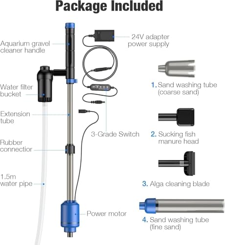 bedee Aquarium Vacuum Gravel Cleaner, 24W Electric Fish Tank Cleaner Vacuum, 6 in 1 Multifunctional Aquarium Cleaner for Automatic Water Change, Wash Sand, Water Circulation and Timed Off, Blue