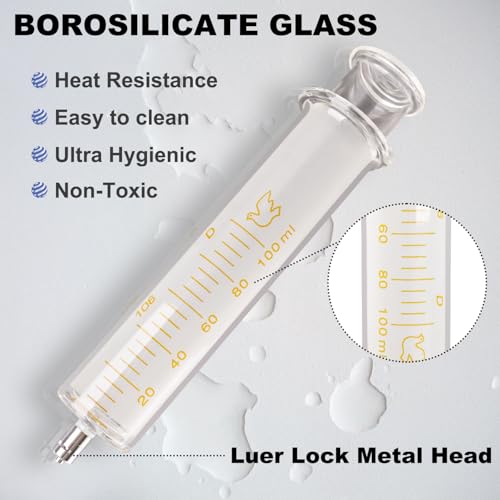 100ml/cc Glass Syringe With Metal Head and Caps for Liquid,Small Syringe for Oil or Glue Applicator,No Needle,1Pack,Borosilicate Glass