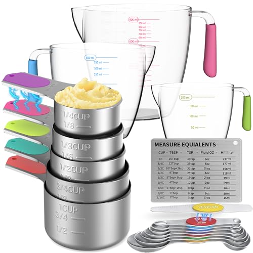 Magnetic Measuring Cups and Spoons Set, 5 Stainless Steel Measuring Cups for Dry and Liquid Ingredients, 7 Magnetic Measuring Spoons, 3 Plastic Measuring Cup with 1 Measuring Conversion Chart - color: Colored