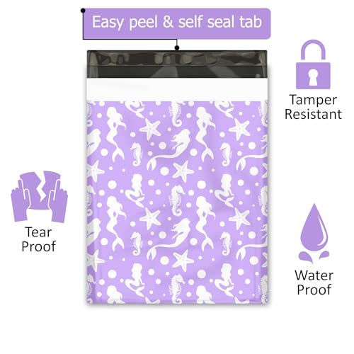 12x15 (50) Purple Mermaids Designer Poly Mailers Waterproof Self Sealing Tear Resistant Polymailers Shipping Envelopes Premium Printed Bags For Small Businesses - color: Mermaids, size: 12x15