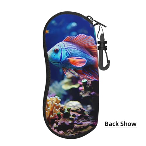 Coral Reef Fish Aquarium Glasses Case with Carabiner Ultra Light Neoprene Zipper Eyeglass Case Portable Sunglasses Soft Case