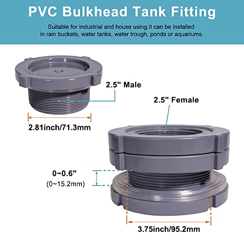 2.5 Inch PVC Bulkhead Water Tank Connector Adapter Fitting with Plugs Thru-Bulk Pipe Fitting for Rain Barrels, Aquariums, Ponds(Set of 1) - size: 2.5"-1pcs