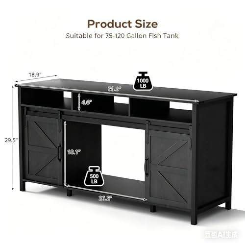 VOWNER 75-120 Gallon Fish Tank Stand with Power Outlet, Farmhouse Aquarium Stand with Storage Cabinet & Sliding Barn Doors, Heavy Duty Reptile Tank Stand, for 2 Tanks, 1000LBS Capacity, Black - color: Black
