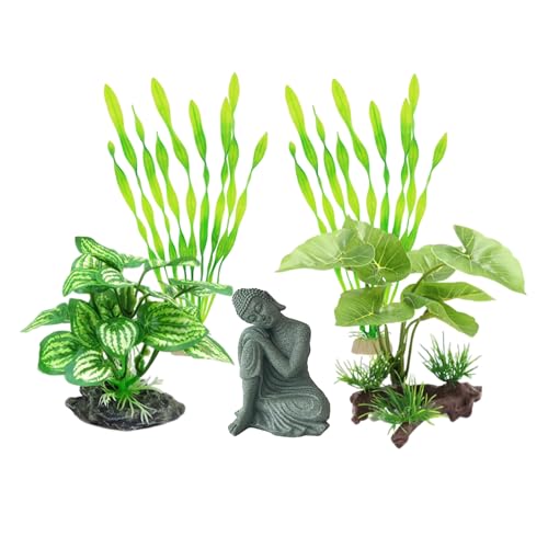 Fish Tank Decorations Set - Aquarium Buddha Statue Decorations, Plastic Plants Set, Betta Fish Tank Accessories