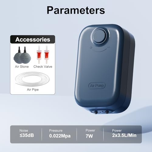 Aquarium Air Pump, Dual Outlet Quiet Oxygen Aerator Pump for Fish Tanks, Adjustable Air Valve Complete Bubbler Kit for Small Aquariums - size: Up to 200 Gallons