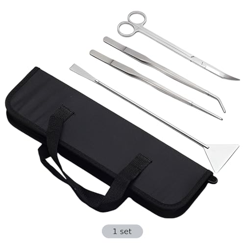 4 Pcs Tools Kit, for Aquarium Aquatic Plants, Stainless Steel Tweezers, Scissors, Spatula Set, Canvas Bag, for Fish Tank Care