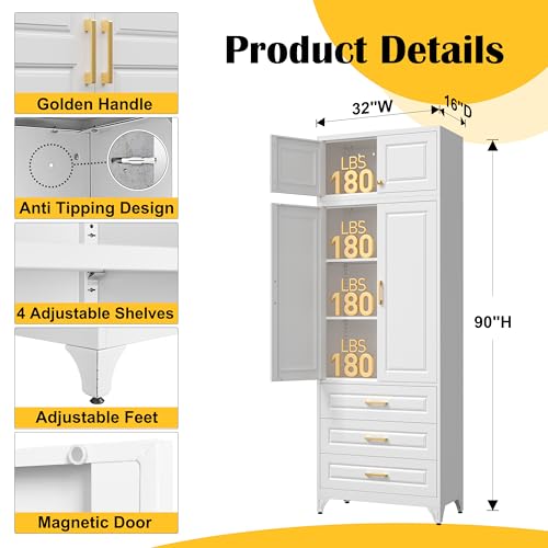 SteeLoong 90" Kitchen Pantry Cabinet with 3 Drawer,Metal Storage Cabinets with Doors and 4 Adjustable Shelves,White Kitchen Cabinet with 2 Gold Handles,Food Cupboard for Livingroom,Pantry, Bathroom - color: White, size: 90"H 3 Drawers
