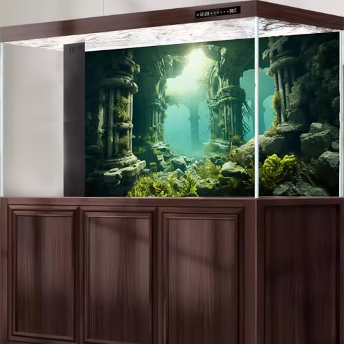Under The Sea Aquarium Background Underwater Cave Sunken Ruins Fish Tank Background Aquatic Seagrass Coral Reefs Submerged Structure Terrarium Backgrounds Underwater City Reptile Backgrounds 24x12in - color: Green_Grey, size: 24(W)x12(H)in