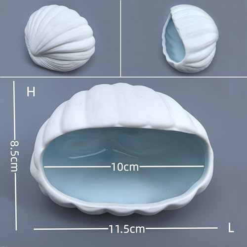 Ocean Theme Aquarium Decor 4-Piece Set: White Ceramic Shell Cave Hideout for Betta, Cichlid, Shrimp, Turtle + Sleeping Mermaid Figurine + Resin Coral & Starfish – Fish Tank Ornament