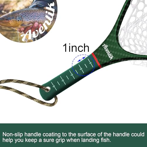 Aventik Fly Floating Fishing Net Carbon Fiber Landing Trout Net Light Weight Clear Rubber Ghost Net Catch & Release - color: Standard Green with Green magnetic release