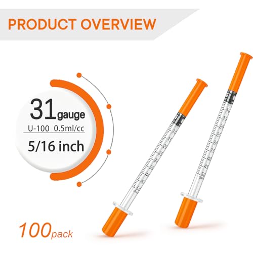 U-100 0.5ml 31g 5/16" Inch Syring, Individually Packed, Lab Supplies, PACK 100. - size: 0.5ml-31G 5/16"-100