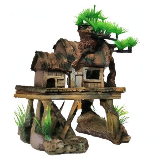 Aquarium Decorations Fish Tank Ornaments House on Terrace with Tree Root Resin Handicrafts for Betta Fish