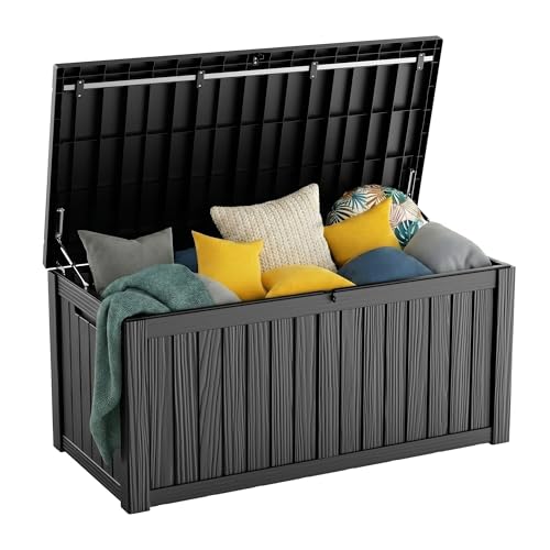 PatioZen 120 Gallon Resin Deck Box, Lockable Patio Outdoor Storage Box for Furniture, Garden Tools and Tools Storage, Waterproof Outside Storage Boxes - Black - color: Black, size: 120 Gallon