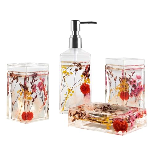 Locco Decor 4 Piece Acrylic Liquid 4D Floating Motion Bathroom Vanity Accessory Set Garden Botanic Pink Plants Toothbrush Holder, Tumbler, Soap Dispenser, Soap Dish - size: 4-piece, style: Pink Plant