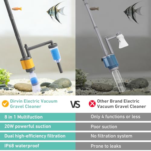 Dirvin Aquarium Vacuum Gravel Cleaner, 8 in 1 Removable 20W Fish Tank Cleaner Gravel Vacuum for Aquarium, Strong Suction for Change Water Wash Sand Clean Algae Water Circulation