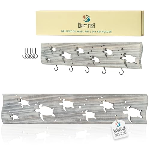 Driftwood Wall Art & DIY Key Holder – Handmade Coastal Home Decor – 17.5" Genuine Weathered Wood Plank with 5 Removable Hooks for Keys, Leashes, and Jewelry – Nautical Beach House Wall Hanging (Turtle March) - style: Turtle March
