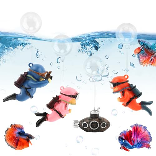 PUXING 4pcs Floating Fish Tank Decoration Retro Submarine Set and Floating Diver Lovely Diver Fish Tank Decorations Safe Fishs Toy for Be-TTA (Color:Colorful)