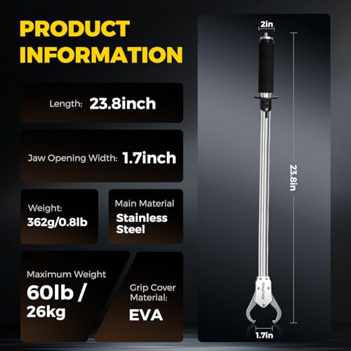 2-in-1 Fish Lip Gripper, 23.8" Stainless Steel Fish Gripper with Scale, 60lb Weighing Fish Grabber, 360° Non-Slip Swivel Handle, Tool for Saltwater & Freshwater - size: 23.8"