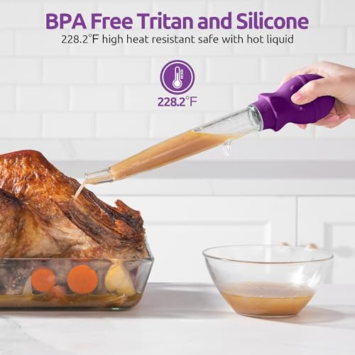 U-Taste 1.5oz Angled Turkey Baster - 228.2ºF Heat Resistant Food Grade Tritan and Silicone Large Octopus Bulb Baster Set with Cleaning Brush for Cooking Basting Meat Poultry Beef Chicken (Purple) - color: Purple