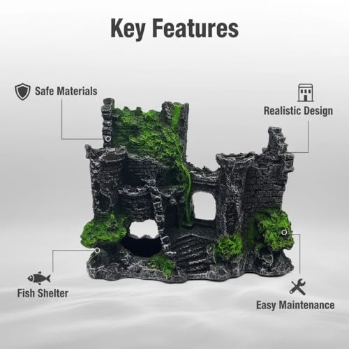 Mipukbay Green Aquarium Decor Castle, Resin Fish Tank Decoration Ornament for Freshwater/Saltwater, Safe Landscape Rock Cave Hideout for Betta Fish, Goldfish and Aquatic Pets - size: Castle