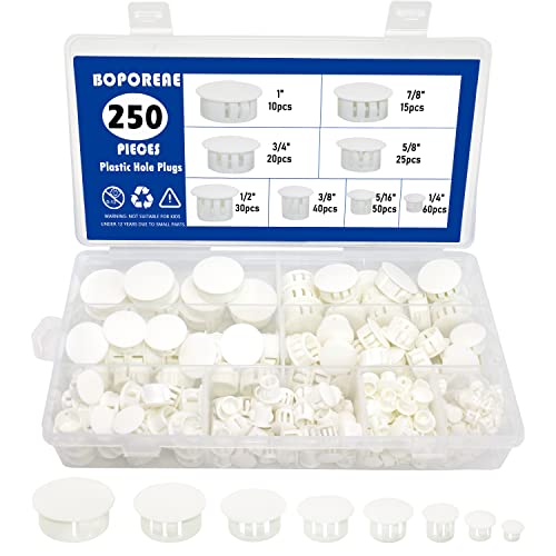 250 PCS 8 Sizes Nylon Plastic Hole Plugs White 1/4, 5/16, 3/8, 1/2, 5/8, 3/4, 7/8, 1 Inch Round Hole, Flush Type Panel Knockout Locking Plugs, Furniture Cabinet Pipe Insert End Covers Caps - size: 8 Sizes, White((1/4“-1”, 250 PCS)