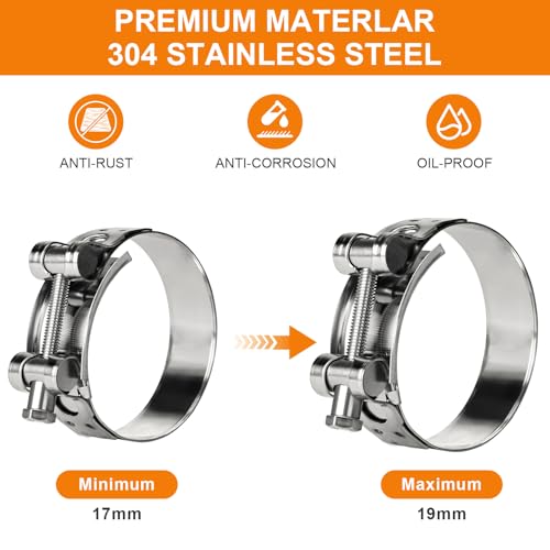 T-Bolt Hose Clamps 304 Stainless Steel (17-19mm 4-Pack) - Heavy Duty Adjustable Clamp for Automotive, Plumbing & Industrial Pipes - Corrosion Resistant, Secure Seal - size: 17-19mm 4 Pack