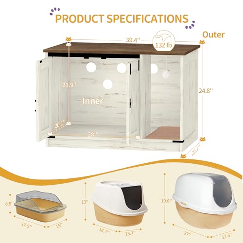 Hzuaneri Cat Litter Box Enclosure, Hidden Litter Box Cabinet Furniture with Bell, Indoor Cats House, Farmhouse Style, 39.4 x 21.7X 24.8 Inches for Hallway, Bedroom, Rustic Brown and White CB85214X - color: Rustic Brown and White, size: 39.4"L x 21.7"W x 2
